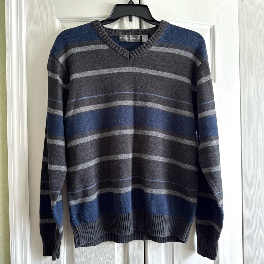 Oscar De La Renta Sweater Mens V-Neck Blue Gray Striped Knit Cotton Blend